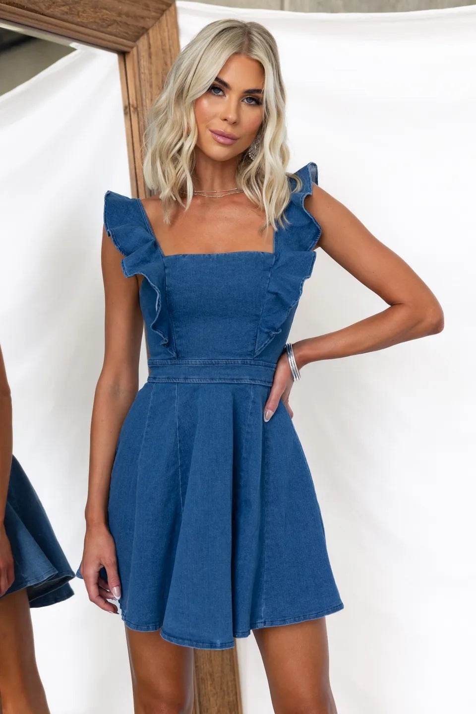 Women's Fashion Casual Denim Mini flared Dress - www.Shopthatapp.com