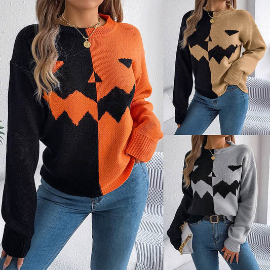 Fall And Winter Halloween Spooky Pumpkin Contrast Long Sleeve Pullover Sweater Women's Clothing - www.Shopthatapp.com