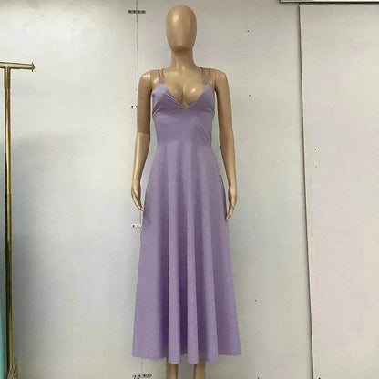 Charming V-neck Suspender Dress Summer Fashion A-Line Long Dresses For Women Sleeveless Skater Dress for Wedding cocktail evening  dinner party events - www.Shopthatapp.com