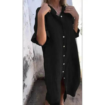 Women Loose Casual Half Sleeve Cotton Linen Buttoned down  Shirt Dress - www.Shopthatapp.com