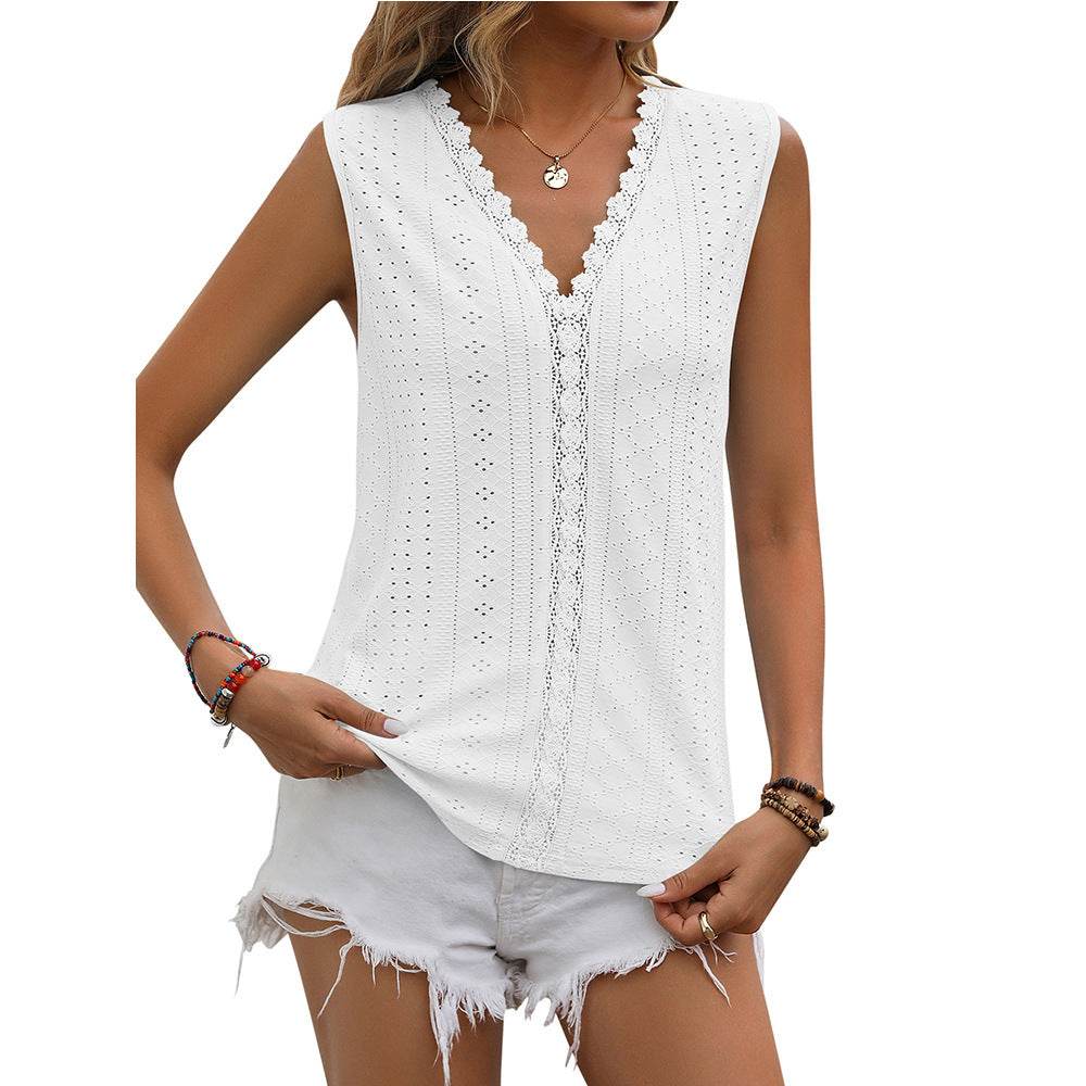 Summer Sleeveless Lace Blouse Tops Women V-neck top - www.Shopthatapp.com