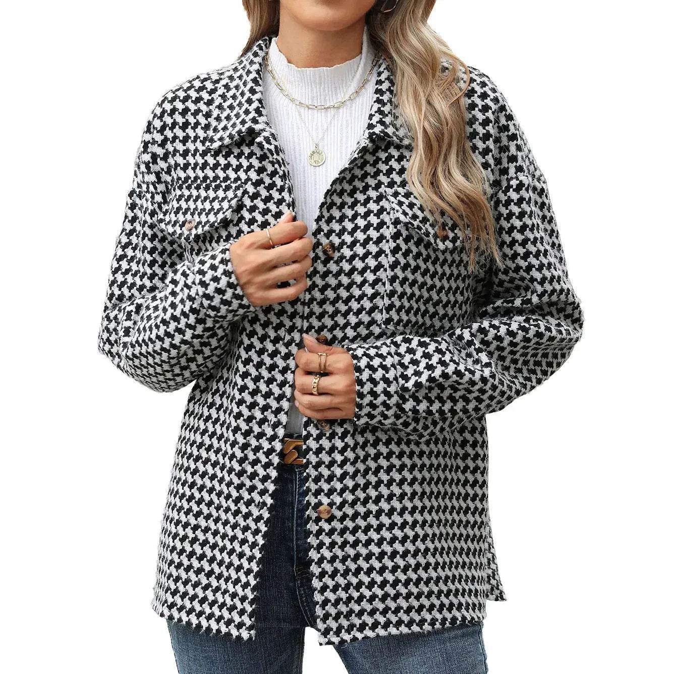 Casual Houndstooth Lapel Tweed Button long sleeve shirt tops for women - www.Shopthatapp.com
