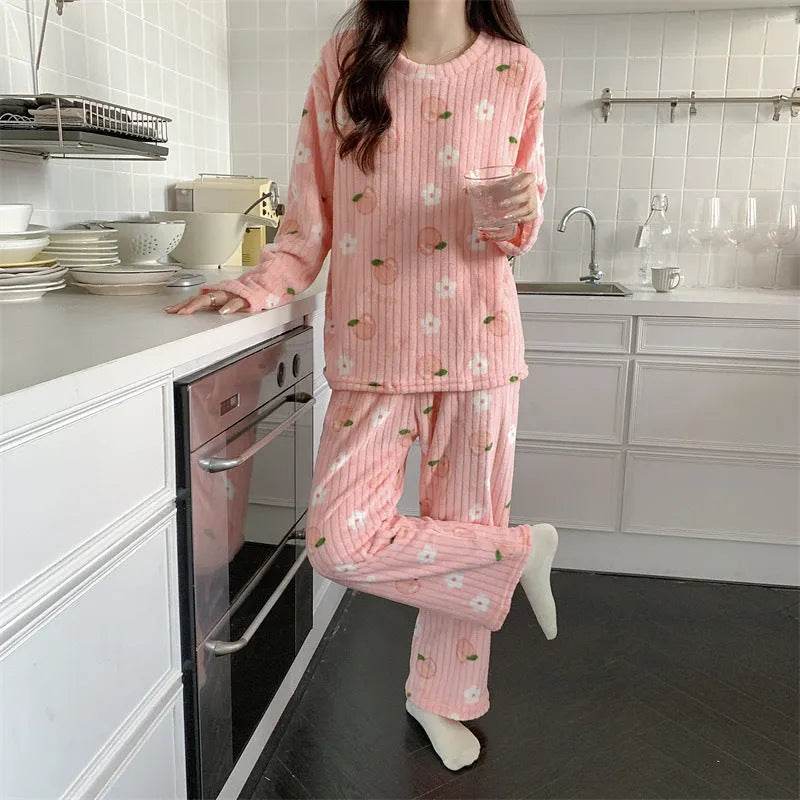 2pcs Women's Fall Winter Warm Pajamas Sets Coral Long Sleeve Cute Cartoon Bear Sleepwear Nightclothes - www.Shopthatapp.com