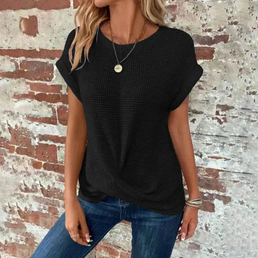 Casual Summer Short-sleeved Waffle blouse Top Summer New Solid Color Casual Evening Top For Women - www.Shopthatapp.com