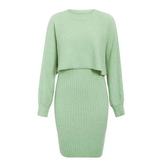 Women 2pcs Winter Outfit Cashmere dress Cropped Pullover top - www.Shopthatapp.com
