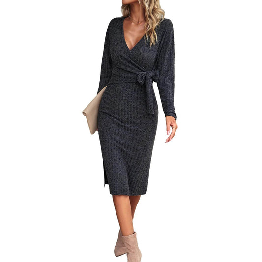 Autumn And Winter V-neck Long Sleeve Knitted sweater Wrap Dress - www.Shopthatapp.com