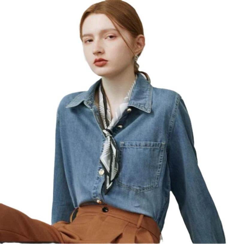 Blue Soft Denim Shirt Jacket Women's Long Sleeve Bandage Denim Dress Top - www.Shopthatapp.com