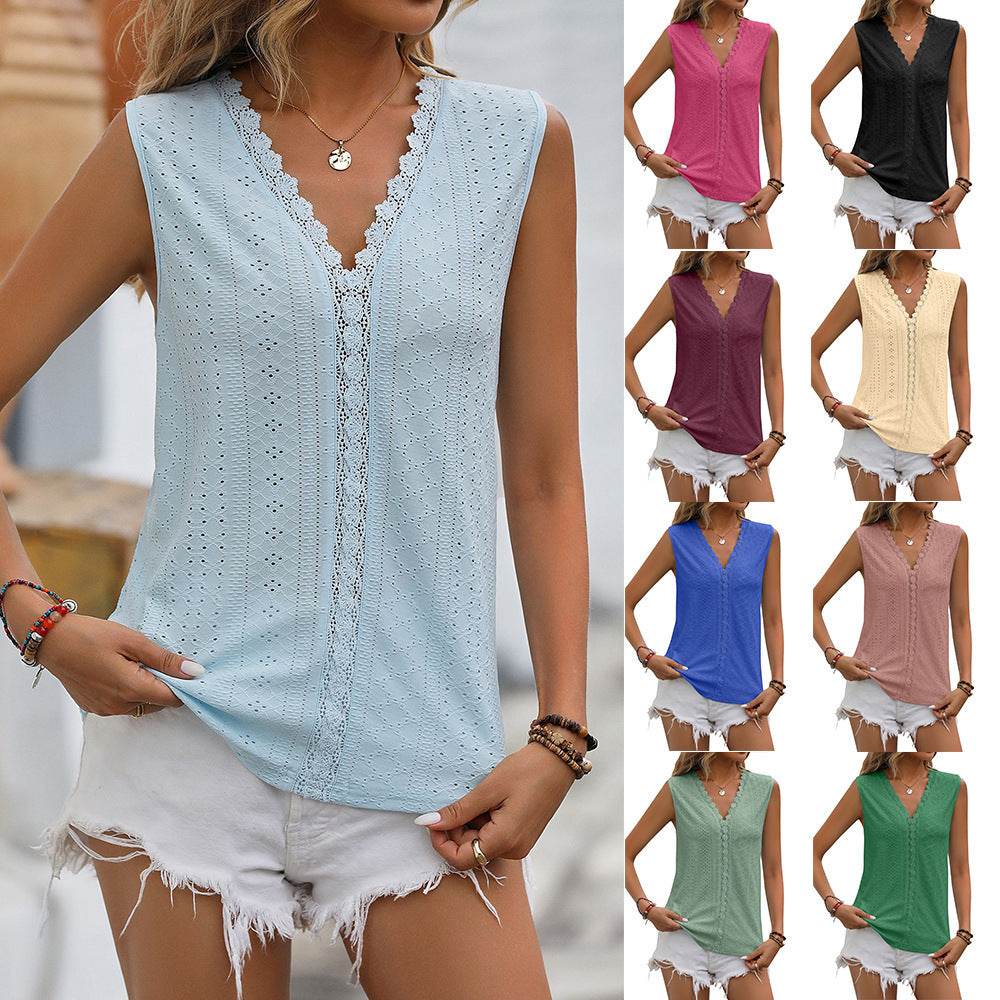Summer Sleeveless Lace Blouse Tops Women V-neck top - www.Shopthatapp.com