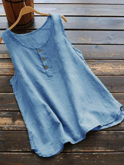 Solid Color Round Neck Loose Casual Vest Cotton Linen summer blouse top for Women - www.Shopthatapp.com