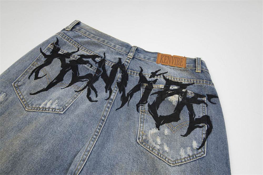 Punk Make Old Ripped Letter Denim Trousers Men Jeans - www.Shopthatapp.com