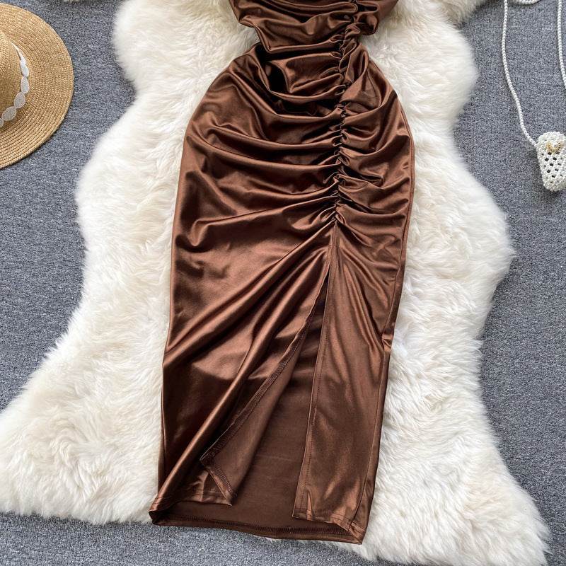 Elegant Women Sleeveless One shoulder Drawstring Satin Dress for Party, Wedding, Cocktail - www.Shopthatapp.com