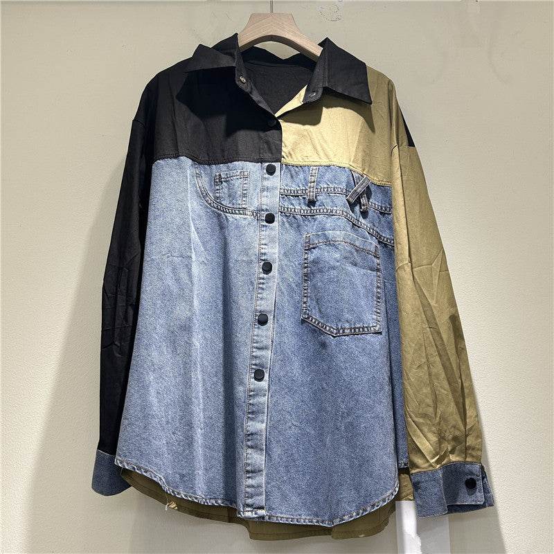 High-grade Contrast Color Patchwork Cotton Denim Long Sleeve Loose Shirt Women - www.Shopthatapp.com