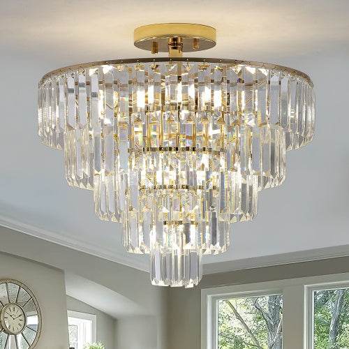 Golden Crystal Chandelier, 5-layer Round Semi-recessed Chandelier Lamp, Large Modern Luxury Chandelier, Suitable For Living Room, Dining Room, Bedroom, Corridor - www.Shopthatapp.com