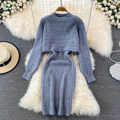 Autumn Winter Sassy Woolen Knitted Two Piece Midi Sweater Dress Outfit set - www.Shopthatapp.com