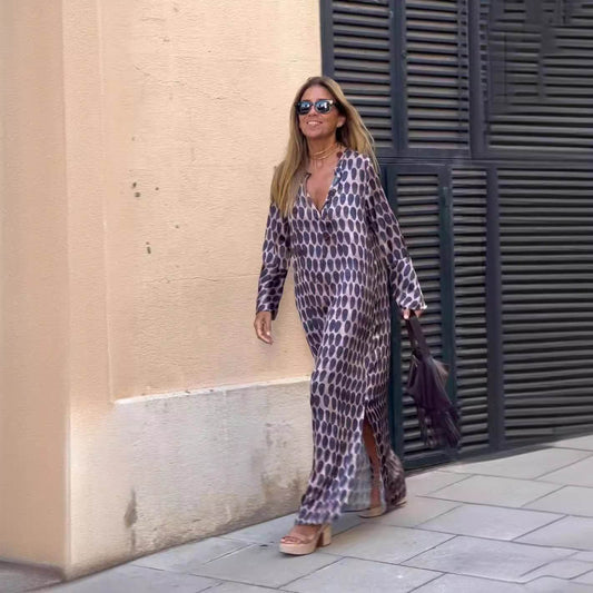 Summer Geometric Printed V-neck Long Dress Fashion Long Sleeve Slit Dresses For Women - www.Shopthatapp.com