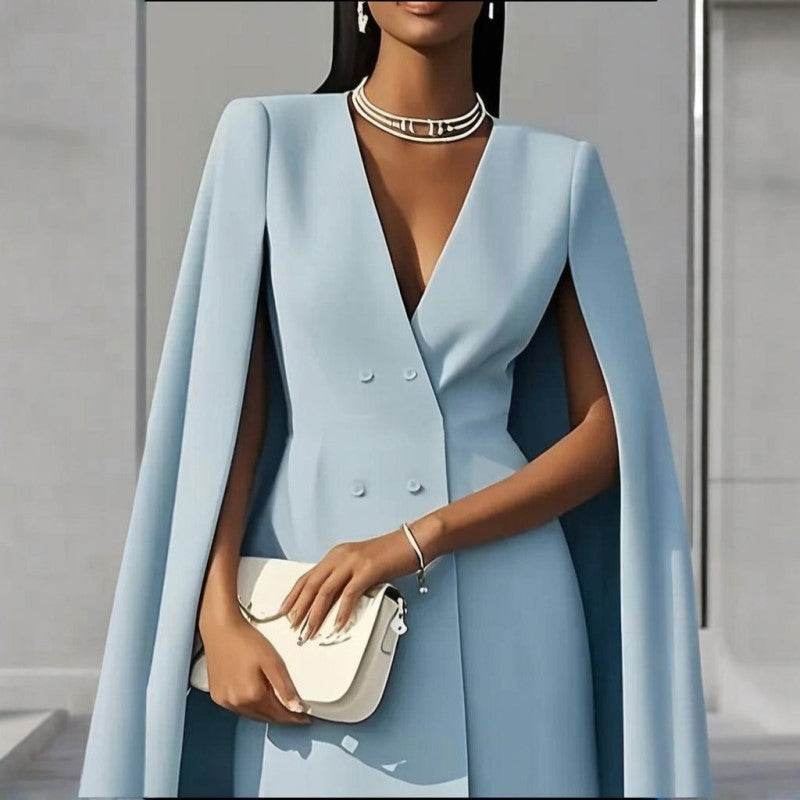 Formal V Neck Double-Breasted Mini Cape Sleeve Dress - www.Shopthatapp.com