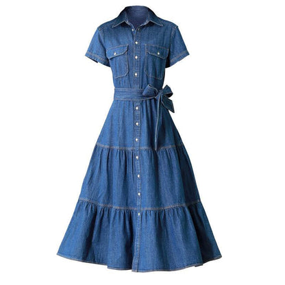 Classy Elegant Single Breasted Denim flared Midi Dress - www.Shopthatapp.com