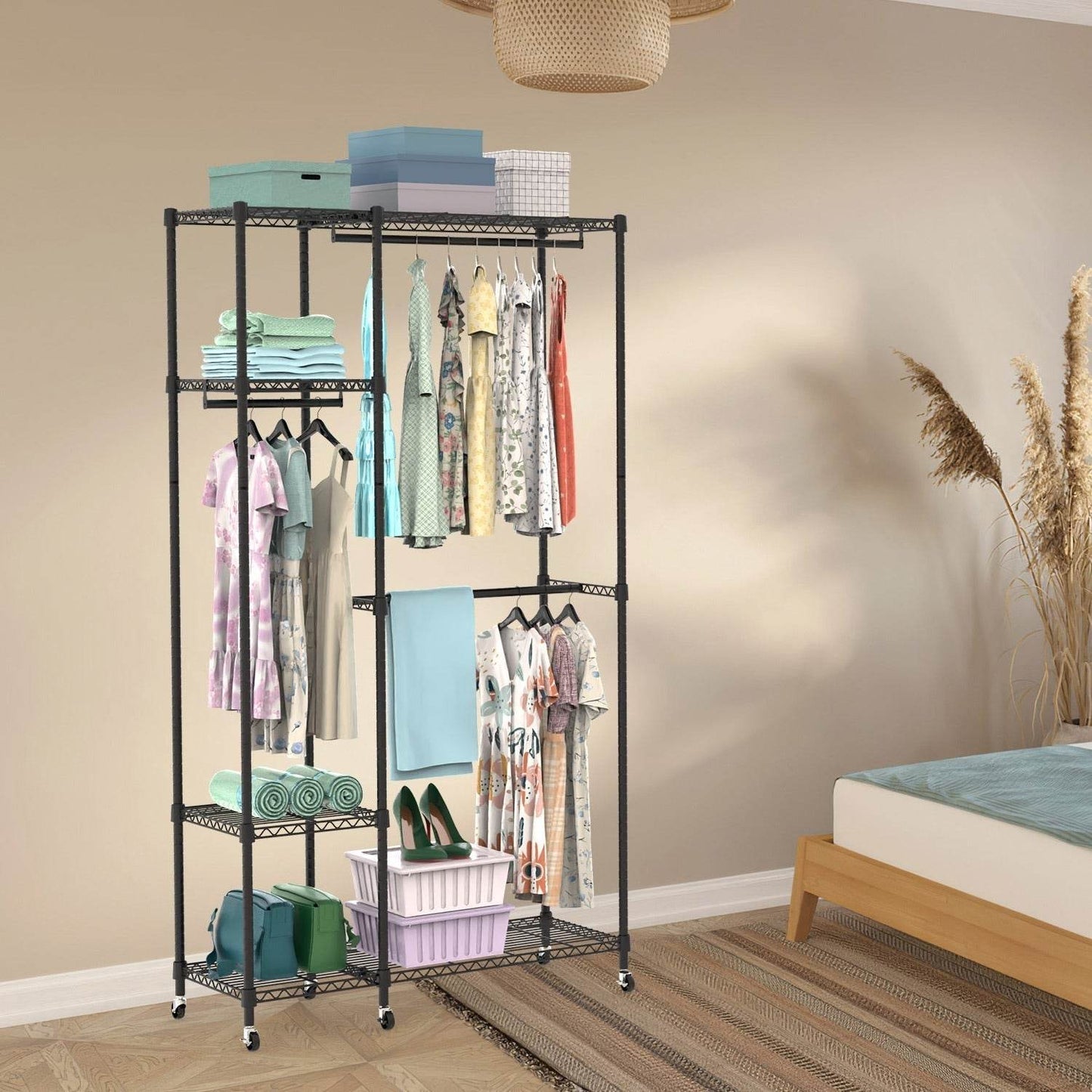 1Pc 4 Tier Heavy Duty Garment Rack With Wheels Carbon Steel Clothing Rack Portable Wardrobe Clothes Rack With 3 Hanging Rods 6 Footrests 44.9x17.13x77.95in - www.Shopthatapp.com