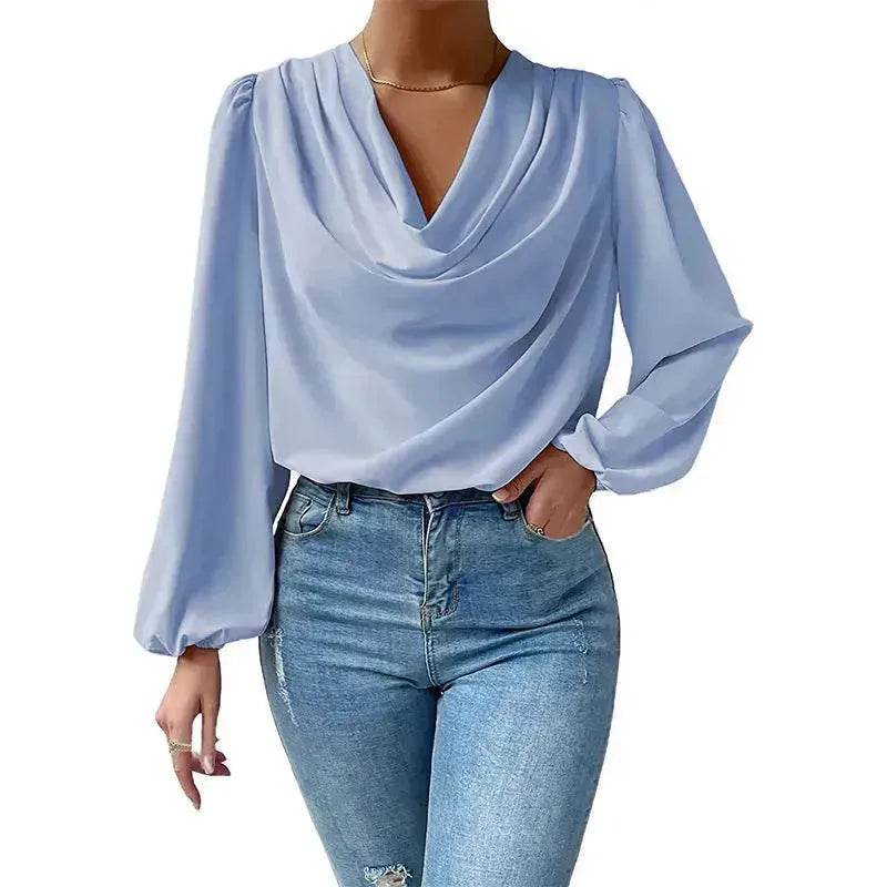 Casual Evening Top for Women Long-sleeved Shirt Loose V-neck chiffon blouse Top women - www.Shopthatapp.com