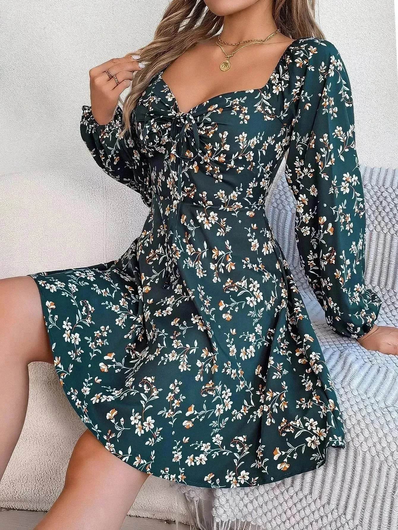 Casual Summer Floral Mini Dress Lantern Sleeve  Skater Dress - www.Shopthatapp.com