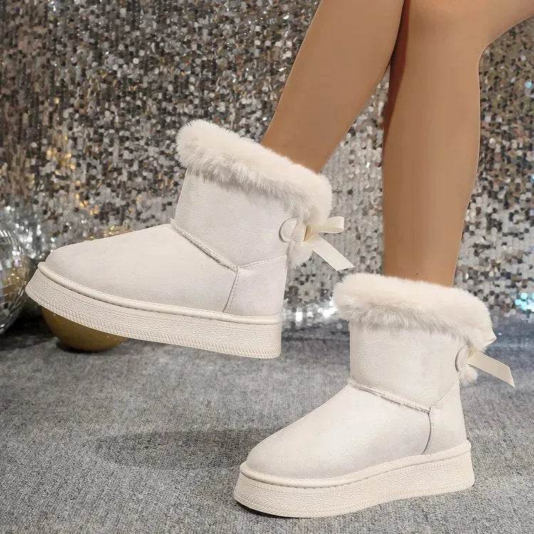 Winter Snow Boots With Bowknot Fashion Round Toe Flat Thickened Suede Cotton Shoes For Women Casual Warm Plush Short Boot - www.Shopthatapp.com