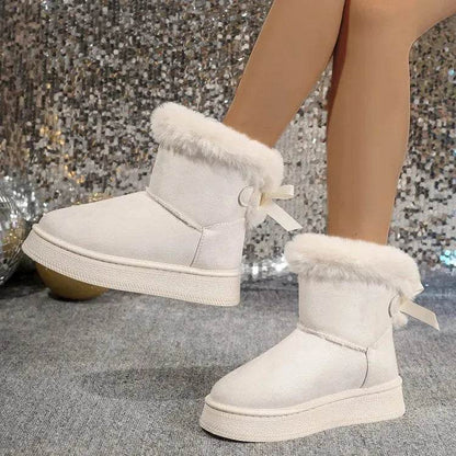 Winter Snow Boots With Bowknot Fashion Round Toe Flat Thickened Suede Cotton Shoes For Women Casual Warm Plush Short Boot - www.Shopthatapp.com