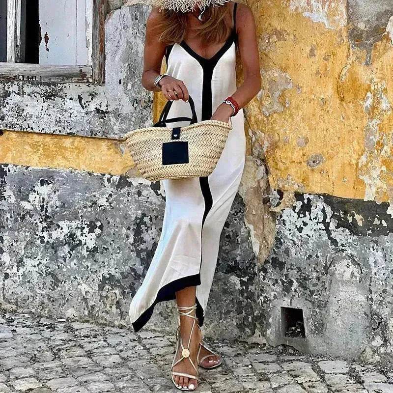 Women's Fashionable Casual Solid Color Spaghetti Straps Sleeveless V-neck Midi Dress - www.Shopthatapp.com