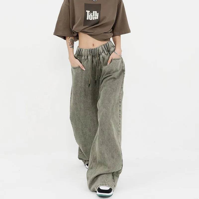 Retro Worn Looking Washed-out Drawstring Baggy Jeans Pant For Women - www.Shopthatapp.com