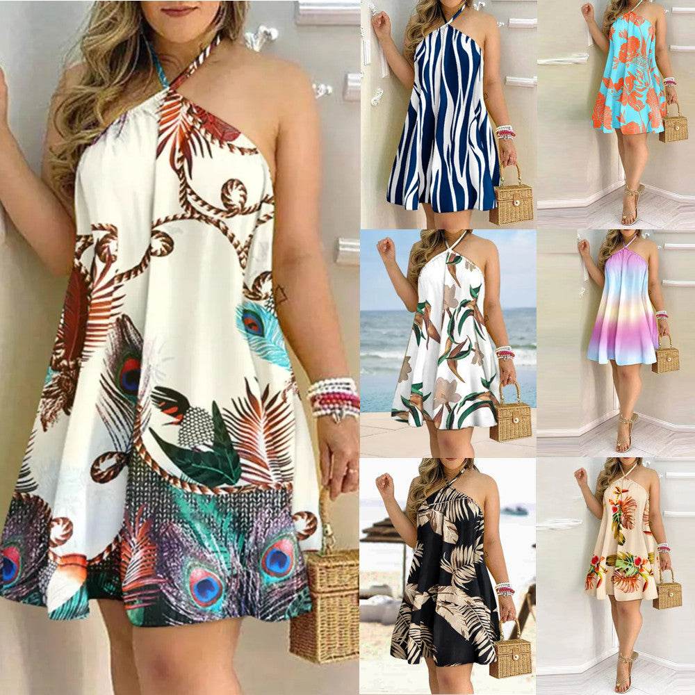 Printed Dress Summer Off-Shoulder Hanging Neck Sleeveless Sexy Dresses Women - www.Shopthatapp.com