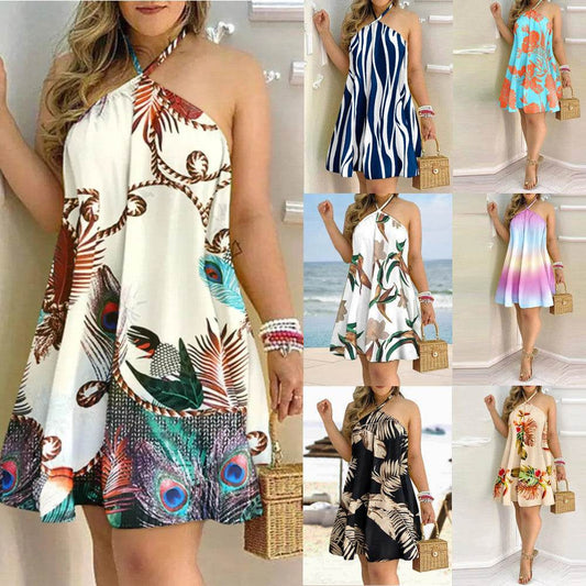 Printed Dress Summer Off-Shoulder Hanging Neck Sleeveless Sexy Dresses Women - www.Shopthatapp.com