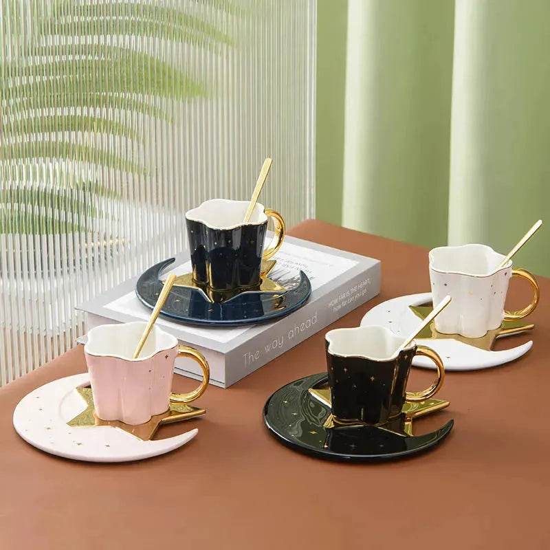 4pc set Creative Porcelain Ceramic Coffee Cup With Star And Moon Saucer - www.Shopthatapp.com