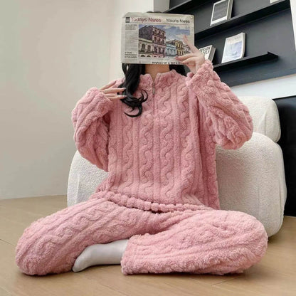 Autumn And Winter New Twist Zipper Couple Fleece-lined Thick Coral Fleece Pajamas Homewear Loungewear Sleepwear For Sleeping - www.Shopthatapp.com