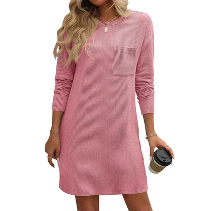 Casual New Solid Color Striped With Pockets Long Sleeve Loose Mini Dress Fashion Round Neck Straight Dress Women's Clothing - www.Shopthatapp.com