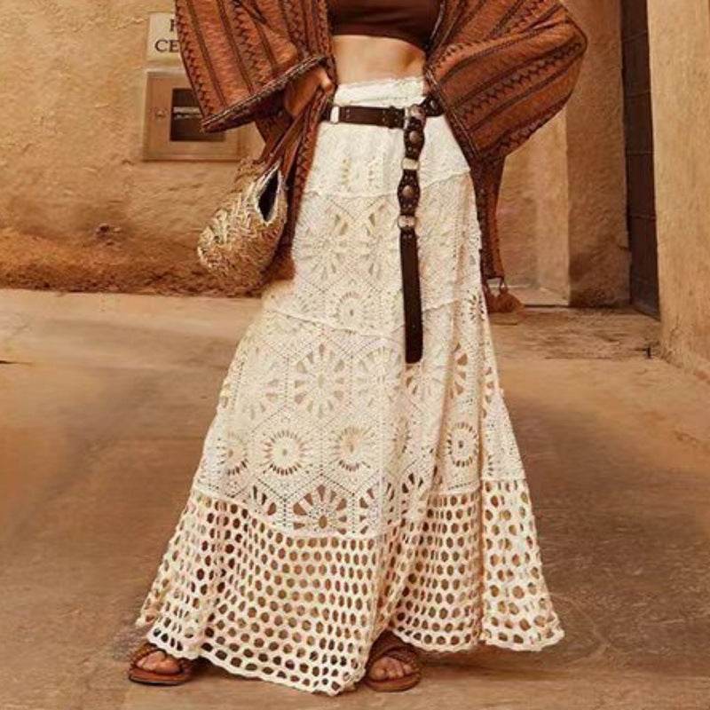 Spring Summer Crochet Lace Patchwork A- Line Beach Skirt Holiday Style Hollow-out flared flowy Maxi Skirt - www.Shopthatapp.com
