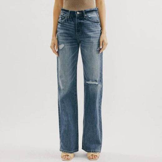 Blue Jeans Pant women Mid waist Denim Wide Leg Denim Pant - www.Shopthatapp.com