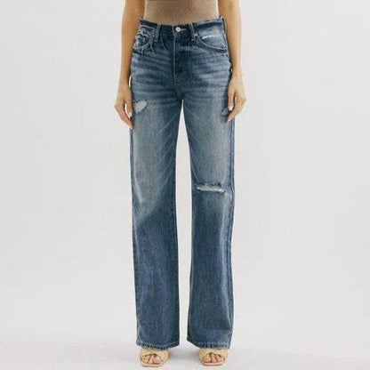 Blue Jeans Pant women Mid waist Denim Wide Leg Denim Pant - www.Shopthatapp.com