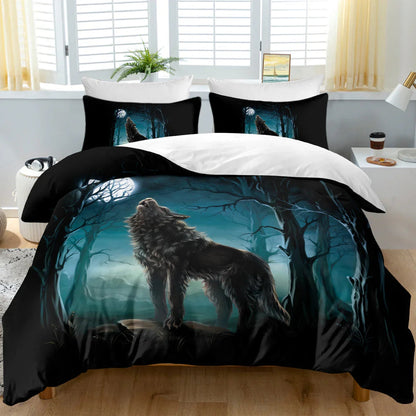 Moon Wolf Bedding Green Watercolor Forest Wolf Landscape Duvet Cover Sets 3 Pieces Wild Animal Bedding Set Twin Full Queen King Size - www.Shopthatapp.com