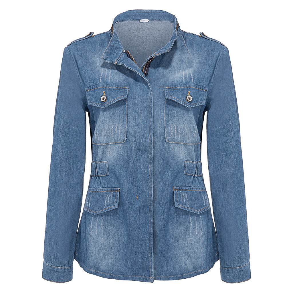 Fitted Zip up Lapel Women Denim Jacket - www.Shopthatapp.com