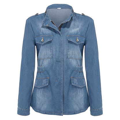 Fitted Zip up Lapel Women Denim Jacket - www.Shopthatapp.com
