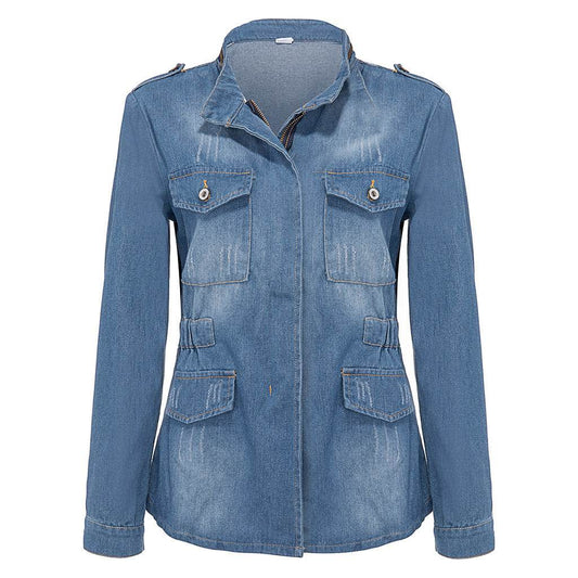 Fitted Zip up Lapel Women Denim Jacket - www.Shopthatapp.com