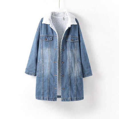 Blue Fleece Lined Denim Jacket 3/4 Sleeve Unisex Jeans Jacket
