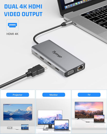 Station d'accueil 12 en 1 USB C Hub Triple écran pour ordinateur portable avec HDMI USB VGA