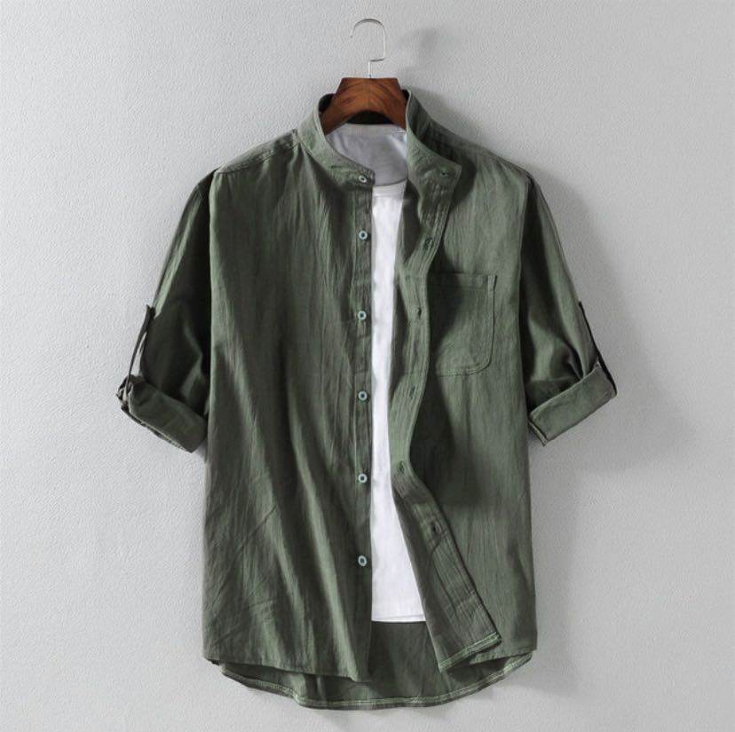 Men's Linen Stand Collar Loose Shirt - www.Shopthatapp.com