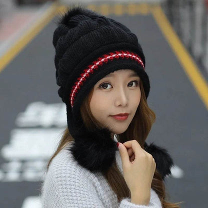 Women Cozy Knit Fleece-Feel Beanie With Ear Flaps Winter Hat Perfect For Skiing & Outdoor Activities - www.Shopthatapp.com