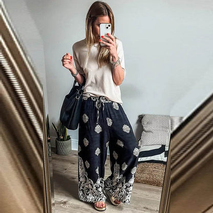 Casual Drawstring Spring Summer Wide Leg Linen Boho Pant women - www.Shopthatapp.com