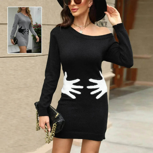 Ins Palm Print Design Winter Knit Dress Fashion Slant Shoulder Long Sleeve Bodycon Dress Women's Clothing - www.Shopthatapp.com