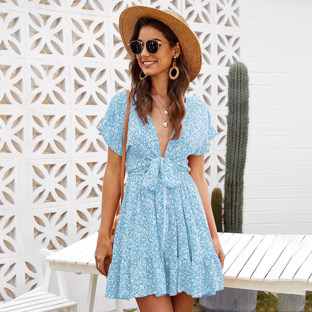 Casual Deep V-neck Short Sleeve Tie belt Floral Summer Mini Dress
