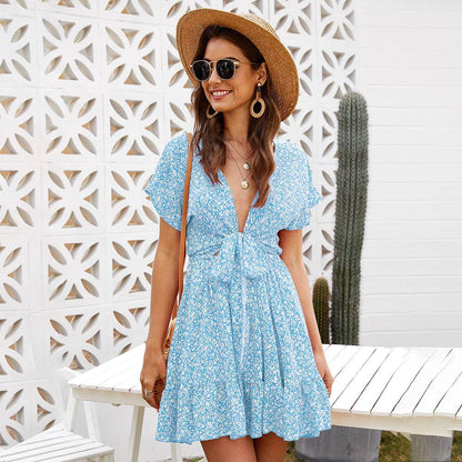 Casual Deep V-neck Short Sleeve Tie belt Floral Summer Mini Dress