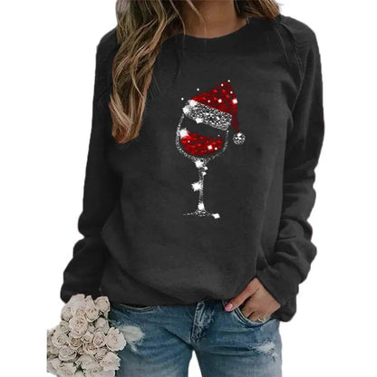 Clothing Christmas Women's Sweater Christmas Hat Red Wine Glass Graphic Print Crew Neck Long-sleeved Sweater - www.Shopthatapp.com