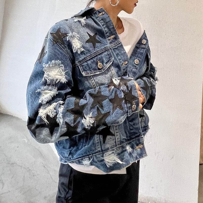 Lapel Star Patch Shredded Single Breasted Denim Jacket For Women - www.Shopthatapp.com